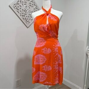Aakaa Orange Pink Halter Wrap Dress Size L Printed Tropical Summer Boho Mini